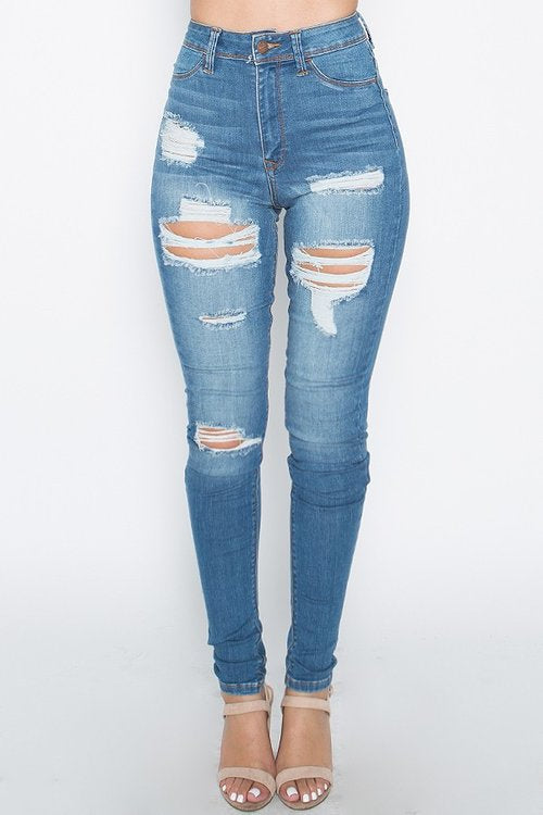High waisted distressed cutout denim jeans