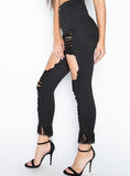 .Ladies black high waist cutout distressed fringe skinny jeans