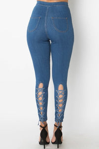 Denim lace up back high waist skinny jeans