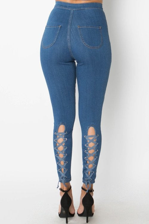 Denim lace up back high waist skinny jeans