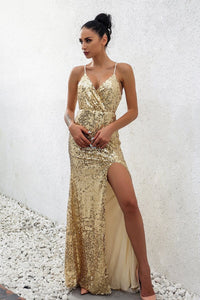 "Golden Goddess" elegant sequins side split long dress