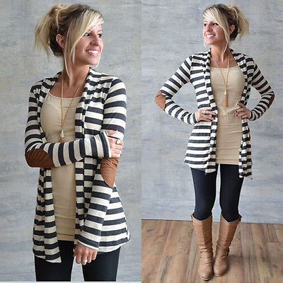 Ladies stripe patch elbow open cardigan sweater – Iconic Trendz Boutique